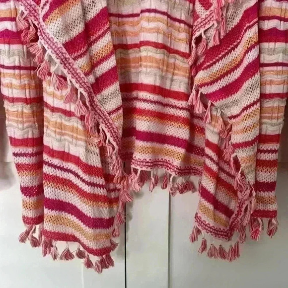 Chico's Knit Sweater Cardigan Open Front Waterfall Fringe Edge Chico's Size 2 - Picture 6 of 13